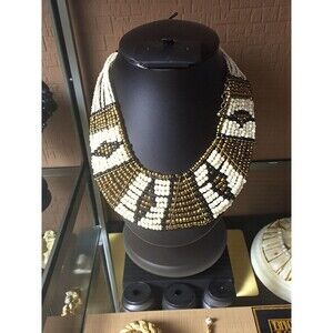 Vintage Egyptian Revival Seed Bead Bib Necklace Gold Black Tribal Collar Boho